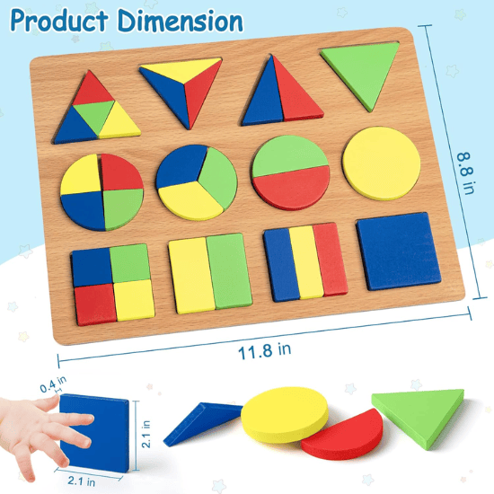 Wooden Geometric Building Blocks & Shape Puzzle for Kids Ages 3-5