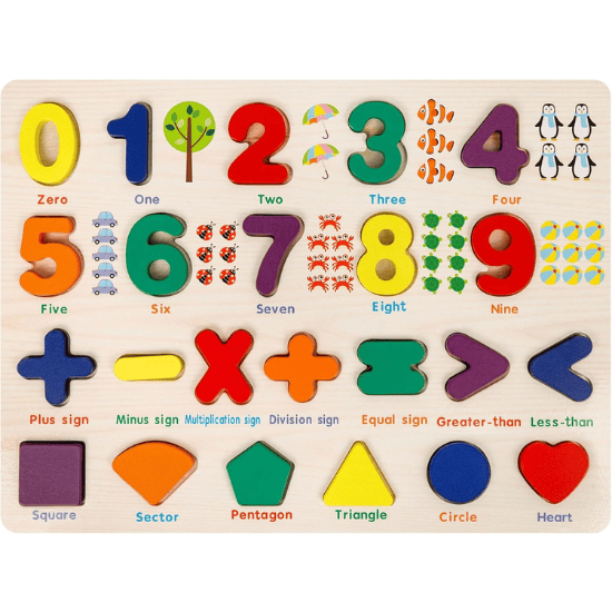 Wooden Number Puzzle Board with Math Symbols for Kids Ages 3-5