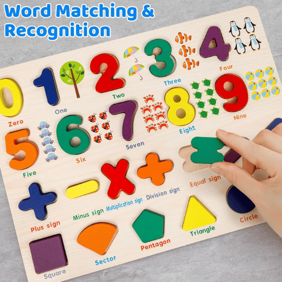 Wooden Number Puzzle Board with Math Symbols for Kids Ages 3-5