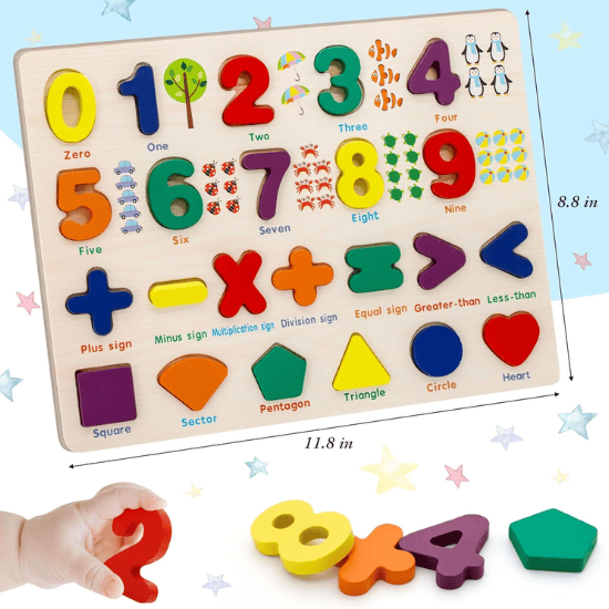 Wooden Number Puzzle Board with Math Symbols for Kids Ages 3-5