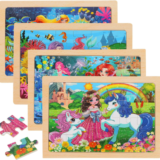 4-Pack Wooden Jigsaw Puzzles for Girls Ages 3-6