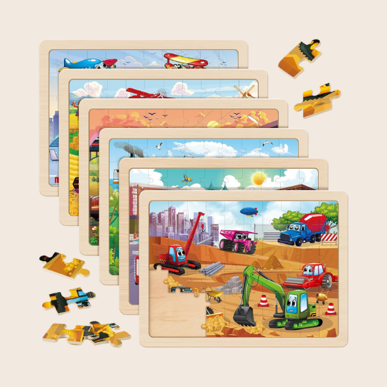 6-Pack Wooden Vehicle Jigsaw Puzzles for Kids Ages 4–8
