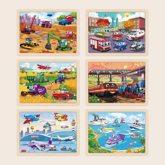 6-Pack Wooden Vehicle Jigsaw Puzzles for Kids Ages 4–8