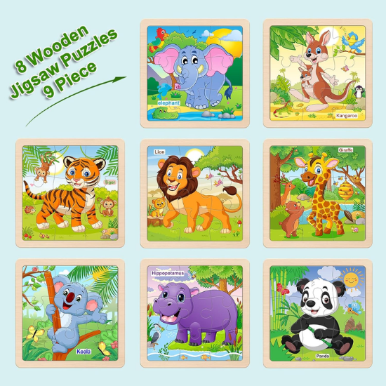 8-Pack Wooden Animal Jigsaw Puzzles