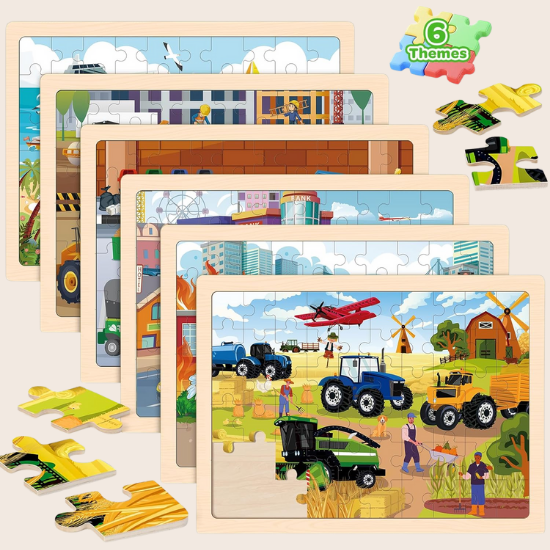 6-Pack Wooden Vehicle Jigsaw Puzzles for Kids