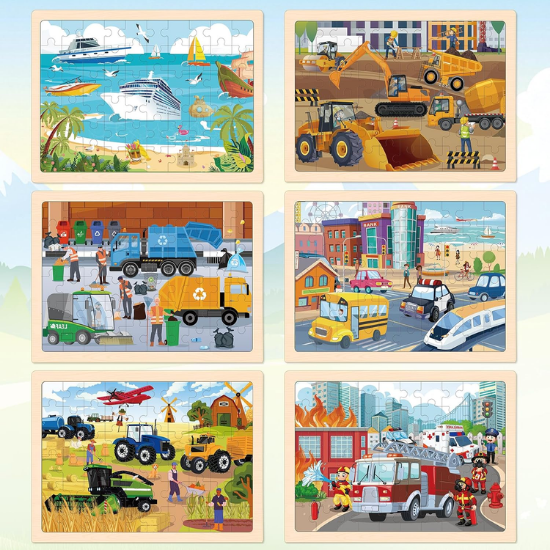 6-Pack Wooden Vehicle Jigsaw Puzzles for Kids