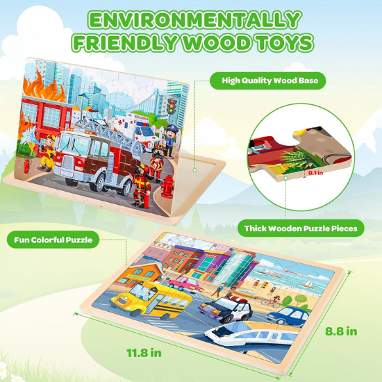 6-Pack Wooden Vehicle Jigsaw Puzzles for Kids