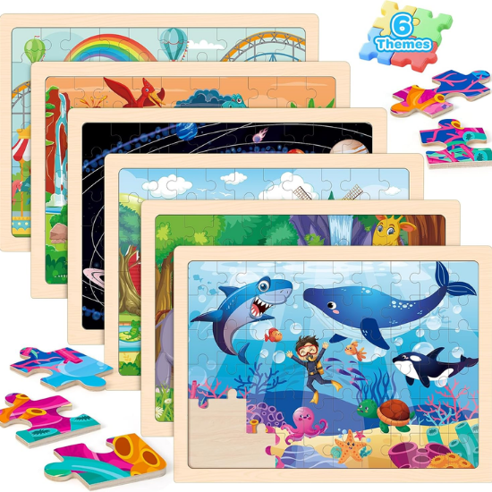 6-Pack Wooden Vehicle Jigsaw Puzzles for Kids