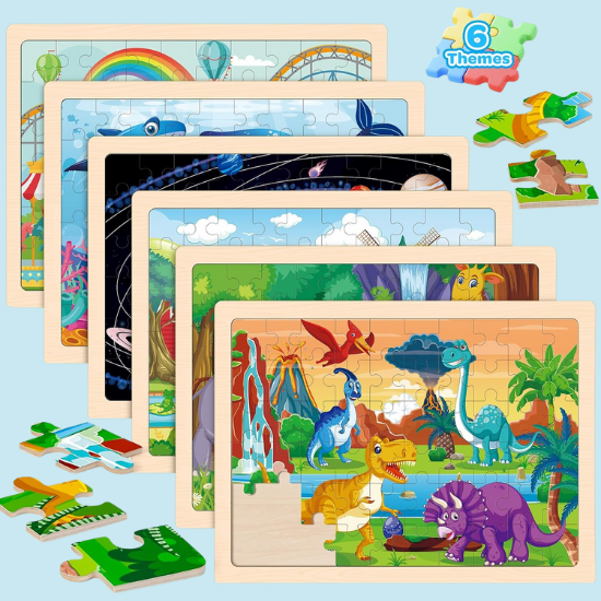 6-Pack Wooden Vehicle Jigsaw Puzzles for Kids