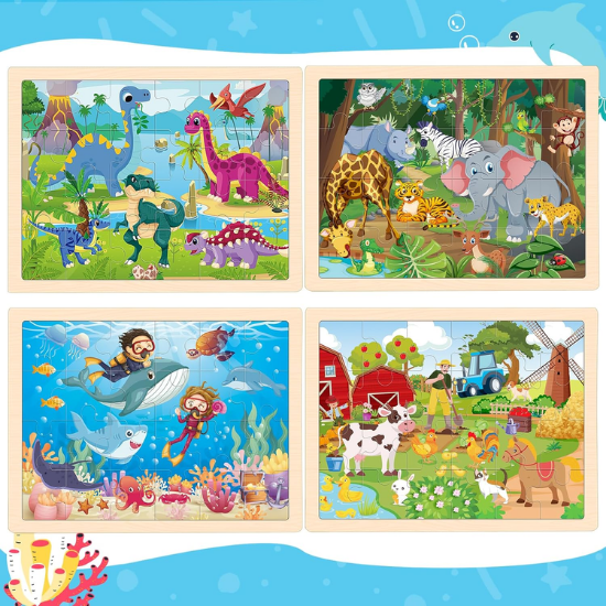 4-Pack Wooden Animal Puzzles for Toddlers – 24-Piece Montessori Jigsaw Set for Kids Ages 3-5
