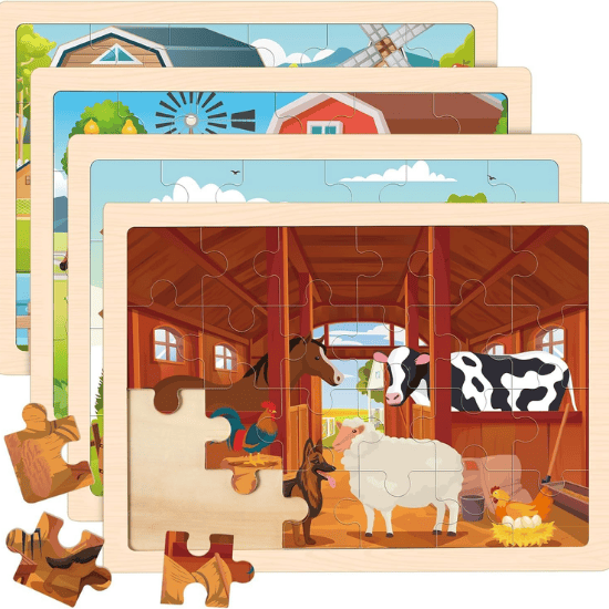 4-Pack Wooden Animal Puzzles for Toddlers – 24-Piece Montessori Jigsaw Set for Kids Ages 3-5