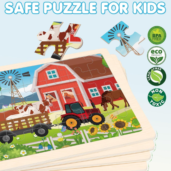 4-Pack Wooden Animal Puzzles for Toddlers – 24-Piece Montessori Jigsaw Set for Kids Ages 3-5