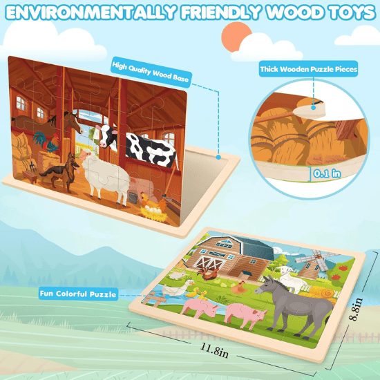 4-Pack Wooden Animal Puzzles for Toddlers – 24-Piece Montessori Jigsaw Set for Kids Ages 3-5