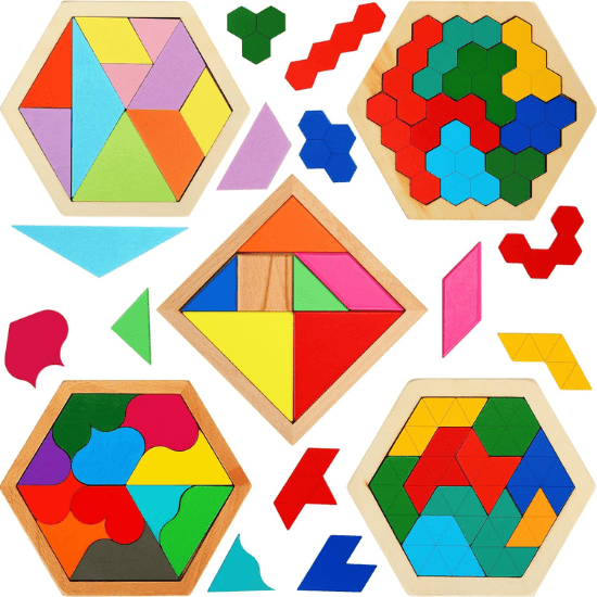 5-Pack Wooden Tangram & Hexagon Puzzle Set