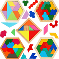 5-Pack Wooden Tangram & Hexagon Puzzle Set
