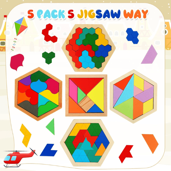5-Pack Wooden Tangram & Hexagon Puzzle Set