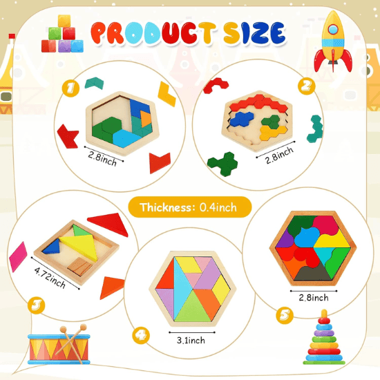 5-Pack Wooden Tangram & Hexagon Puzzle Set