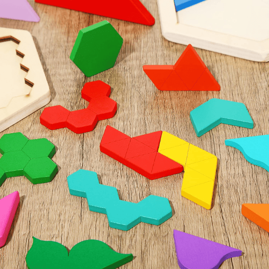 5-Pack Wooden Tangram & Hexagon Puzzle Set