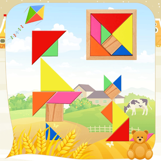 5-Pack Wooden Tangram & Hexagon Puzzle Set