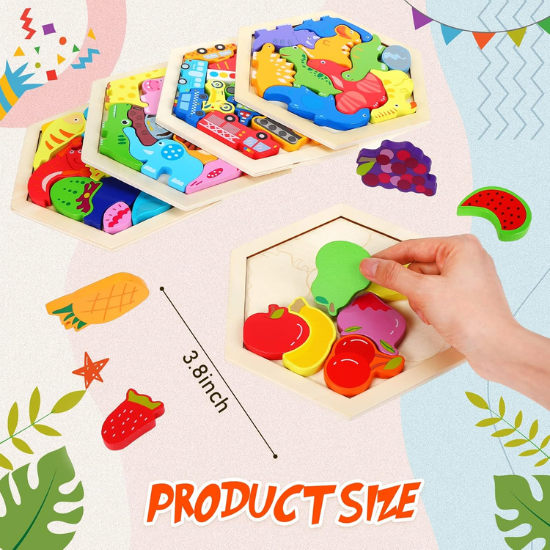 5-Pack Wooden Tangram & Hexagon Puzzle Set