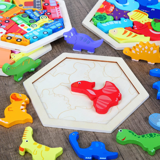 5-Pack Wooden Tangram & Hexagon Puzzle Set