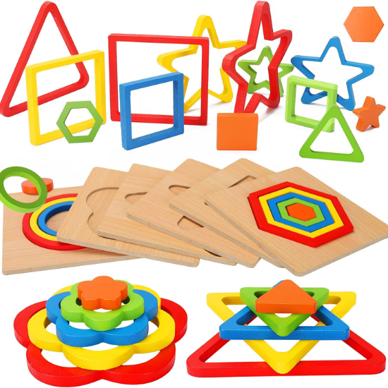 Wooden Shape Sorting Puzzle Set – Montessori Sensory Toy for Toddlers 1-3
