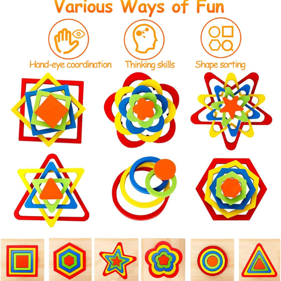 Wooden Shape Sorting Puzzle Set – Montessori Sensory Toy for Toddlers 1-3