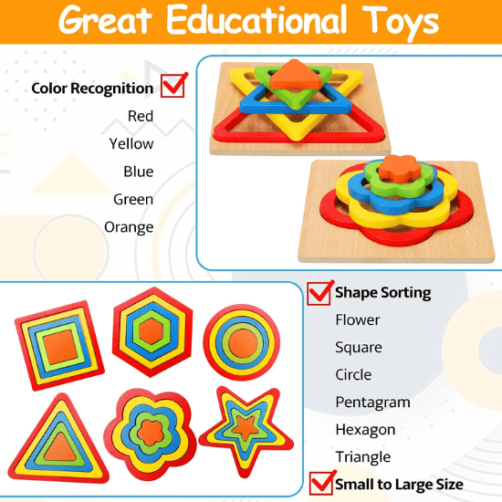Wooden Shape Sorting Puzzle Set – Montessori Sensory Toy for Toddlers 1-3
