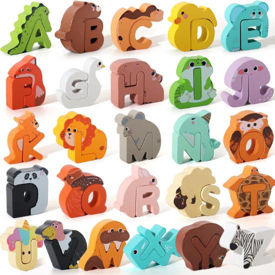 52-Piece Wooden Alphabet & Animal Matching Game – ABC Peg Puzzles for Toddlers Ages 3-5