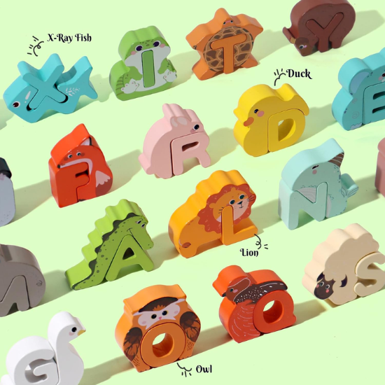 52-Piece Wooden Alphabet & Animal Matching Game – ABC Peg Puzzles for Toddlers Ages 3-5