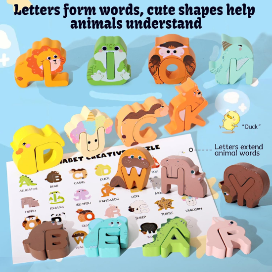 52-Piece Wooden Alphabet & Animal Matching Game – ABC Peg Puzzles for Toddlers Ages 3-5