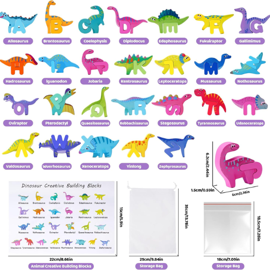 Wooden Dinosaur Alphabet Puzzle Set – 52-Piece Montessori ABC Matching Game