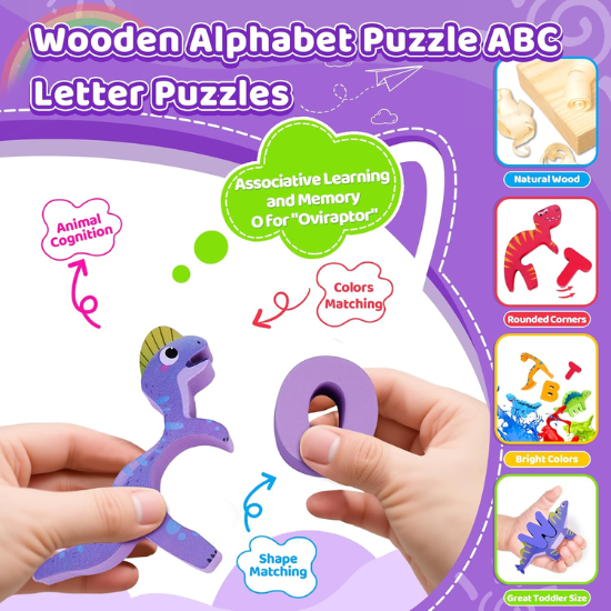 Wooden Dinosaur Alphabet Puzzle Set – 52-Piece Montessori ABC Matching Game
