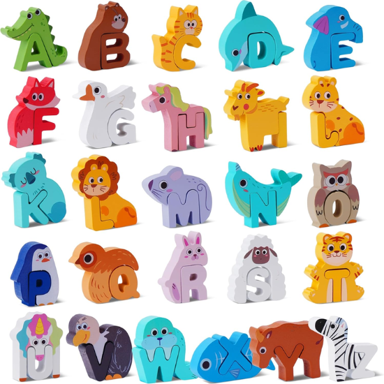 Wooden Dinosaur Alphabet Puzzle Set – 52-Piece Montessori ABC Matching Game