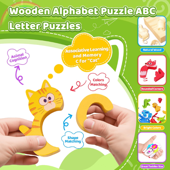 Wooden Dinosaur Alphabet Puzzle Set – 52-Piece Montessori ABC Matching Game