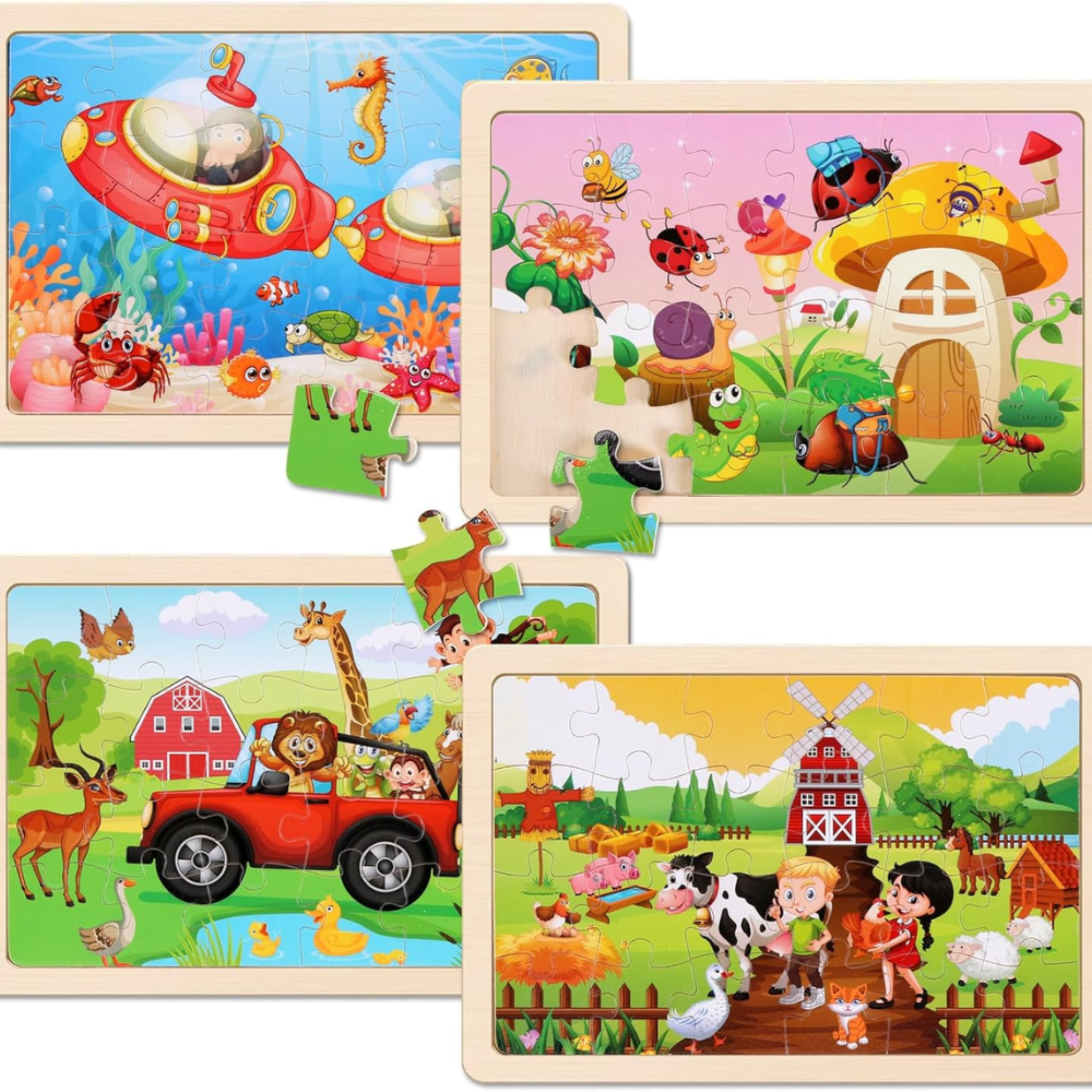 4-Pack Wooden Jigsaw Puzzles for Kids Ages 3-5, Farm & Animals Themes