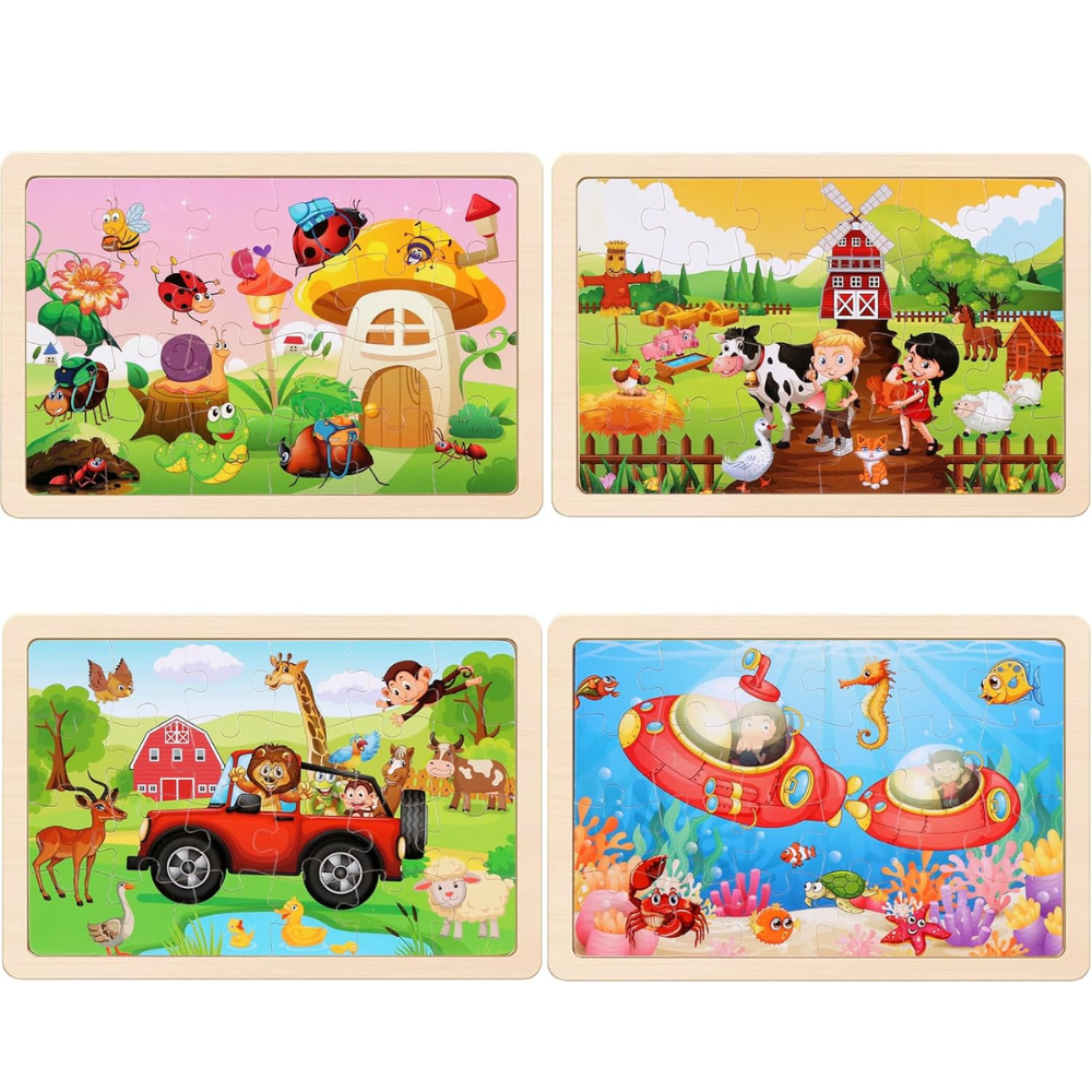 4-Pack Wooden Jigsaw Puzzles for Kids Ages 3-5, Farm & Animals Themes