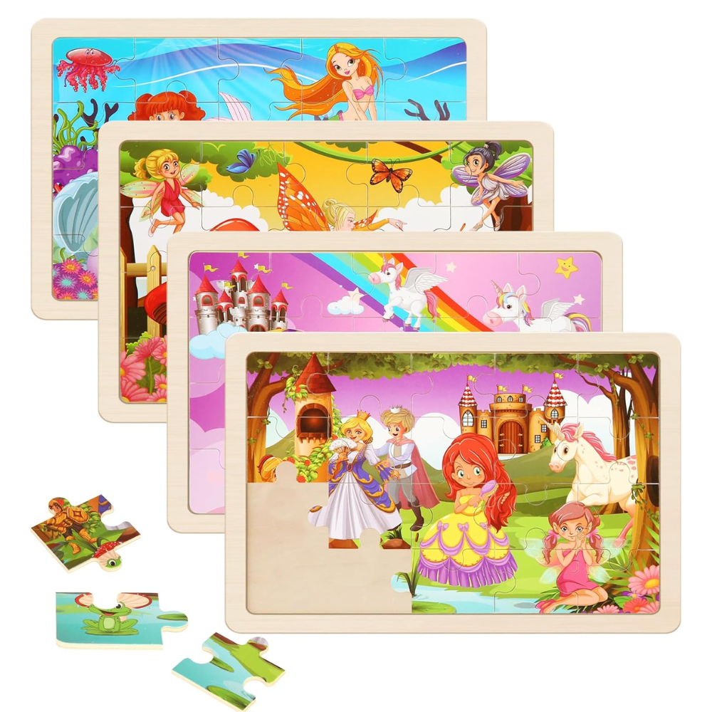 4-Pack Wooden Jigsaw Puzzles for Kids Ages 3-5, Princess Themes