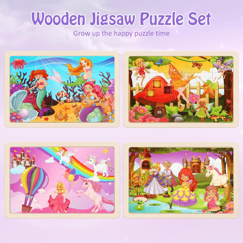 4-Pack Wooden Jigsaw Puzzles for Kids Ages 3-5, Princess Themes