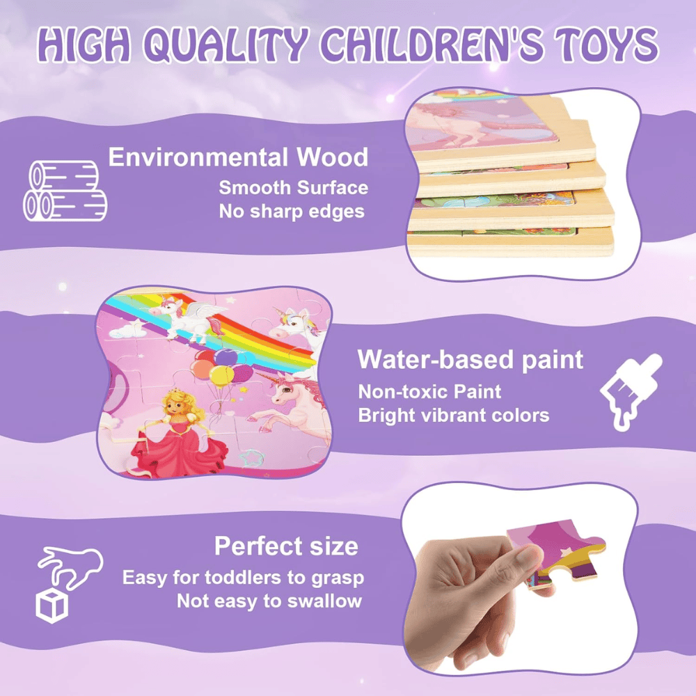 4-Pack Wooden Jigsaw Puzzles for Kids Ages 3-5, Princess Themes