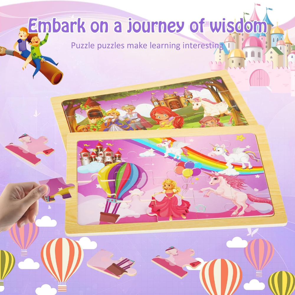 4-Pack Wooden Jigsaw Puzzles for Kids Ages 3-5, Princess Themes