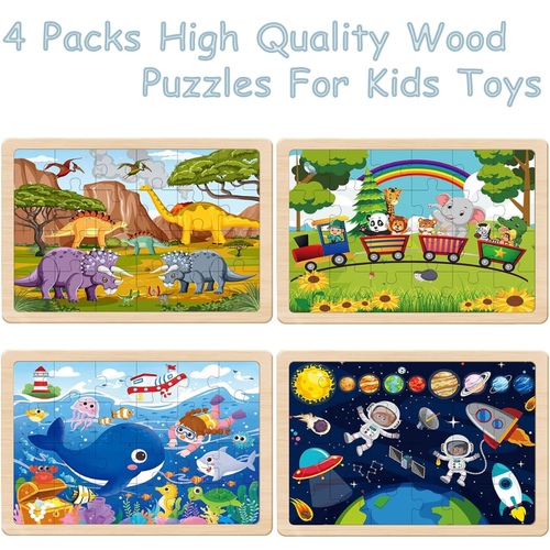 4-Pack Wooden Jigsaw Puzzles for Kids Ages 3-5, Dinosaur, Ocean, Zoo & Space Themes