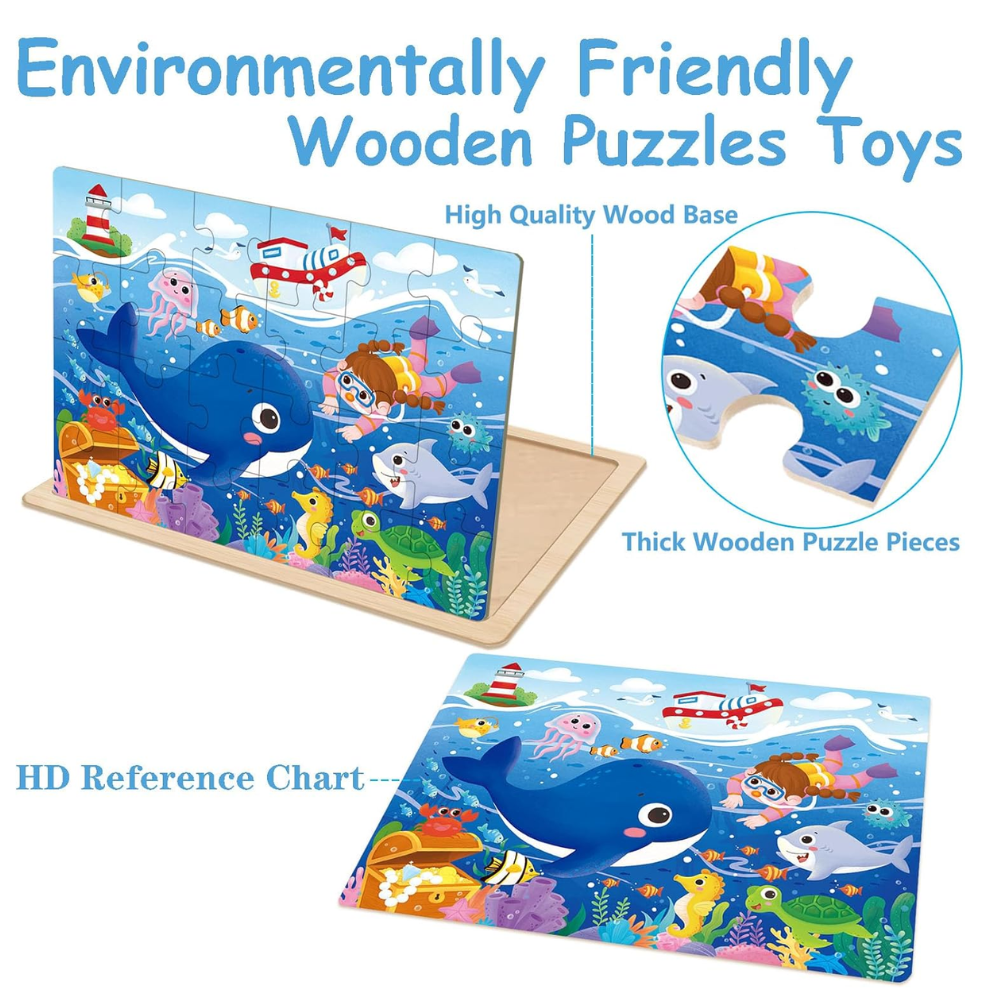 4-Pack Wooden Jigsaw Puzzles for Kids Ages 3-5, Dinosaur, Ocean, Zoo & Space Themes