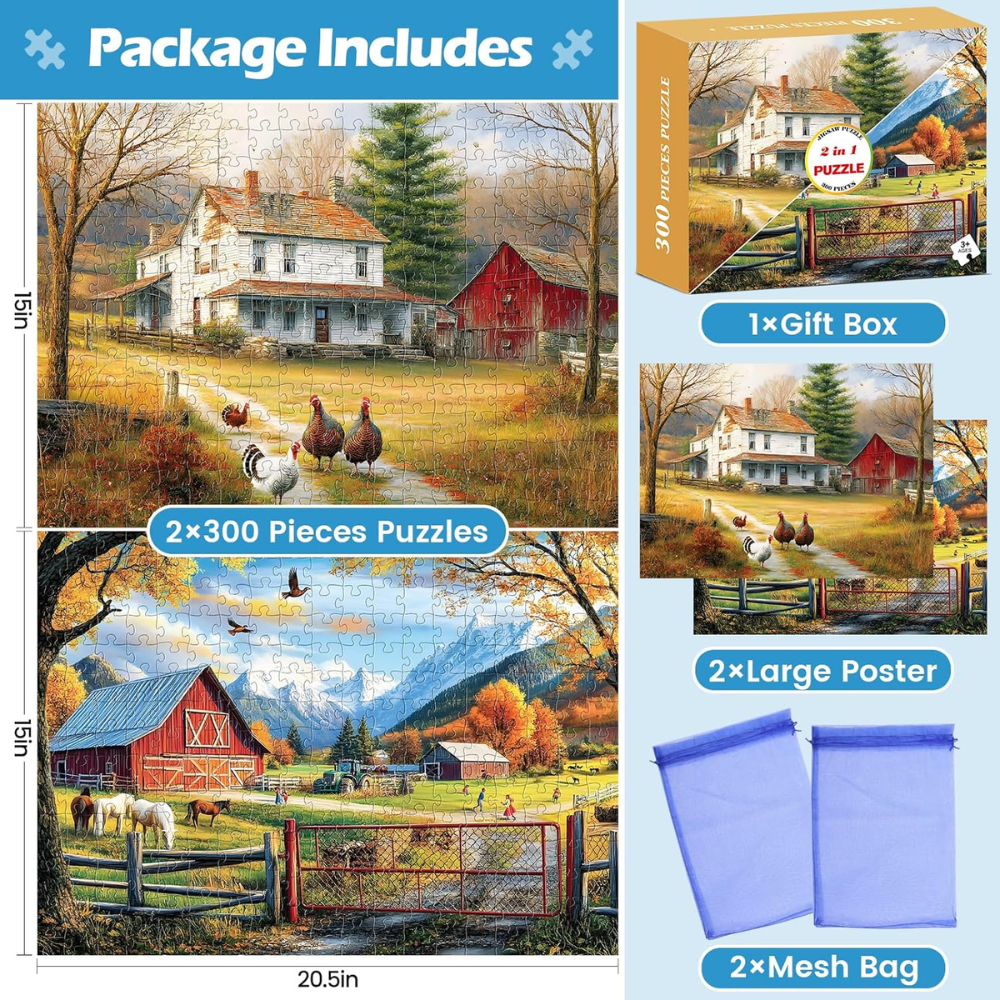 2-Pack 300-Piece Jigsaw Puzzles for Adults, Autumn Farm & Countryside Themes