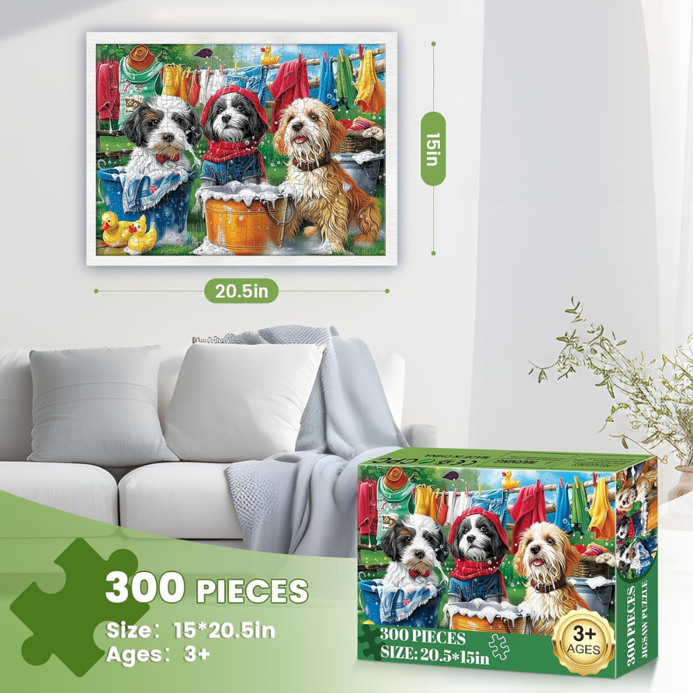 300-Piece Jigsaw Puzzle for Adults, Cute Puppies Doing Laundry Theme